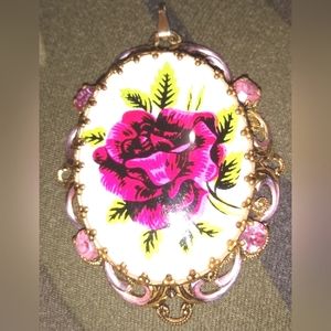 Vintage Women's Victorian Pink Rose Enamel & Rhinestone Pendant